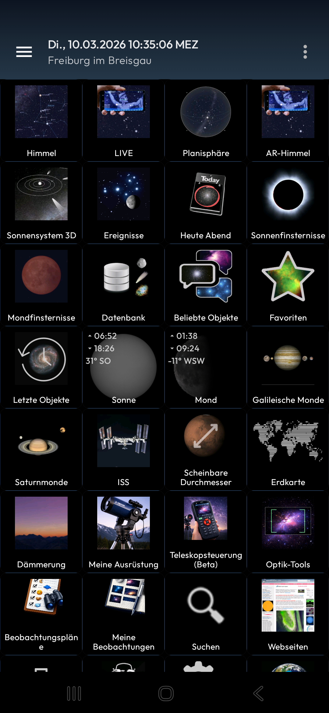 Mobile Observatory Hauptmenü