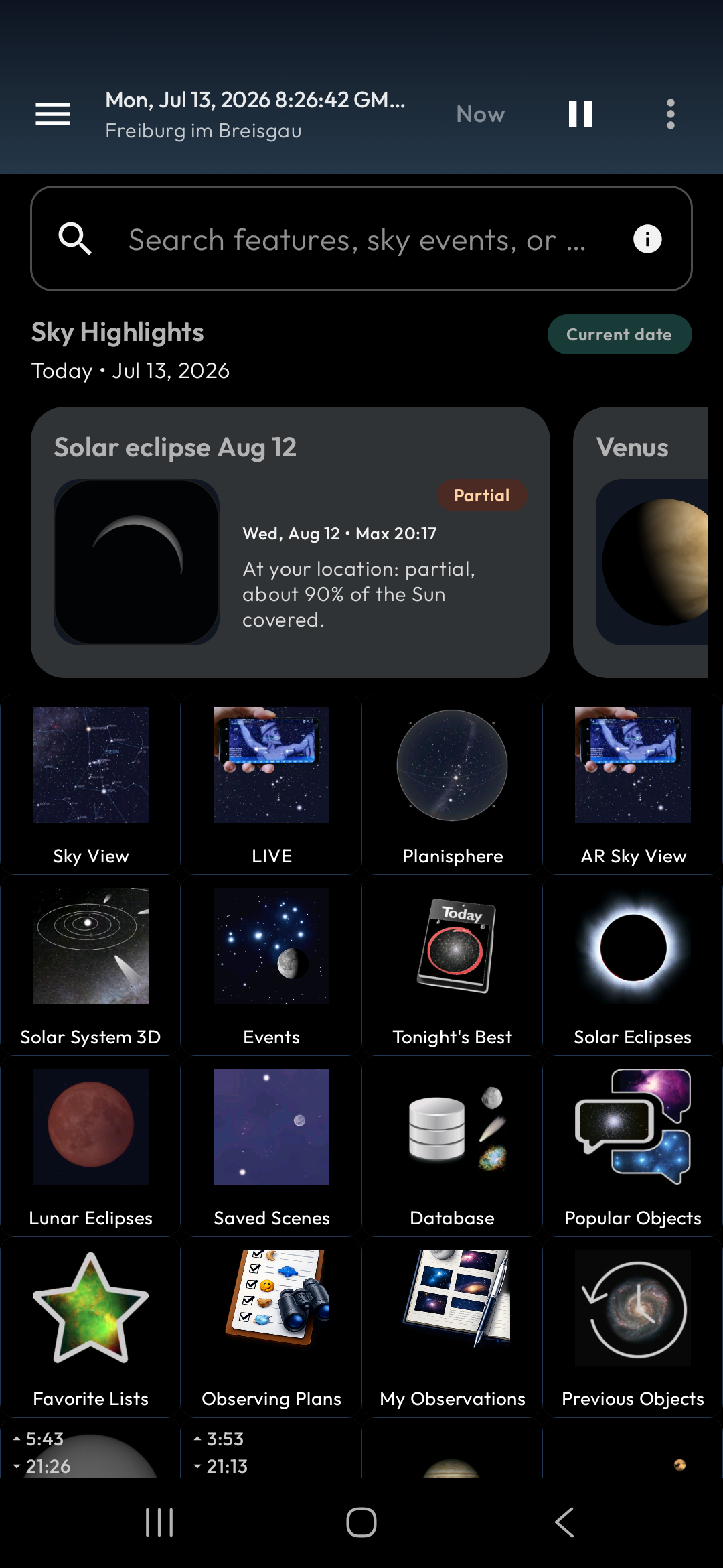 Mobile Observatory dashboard with local August 12 solar eclipse highlight