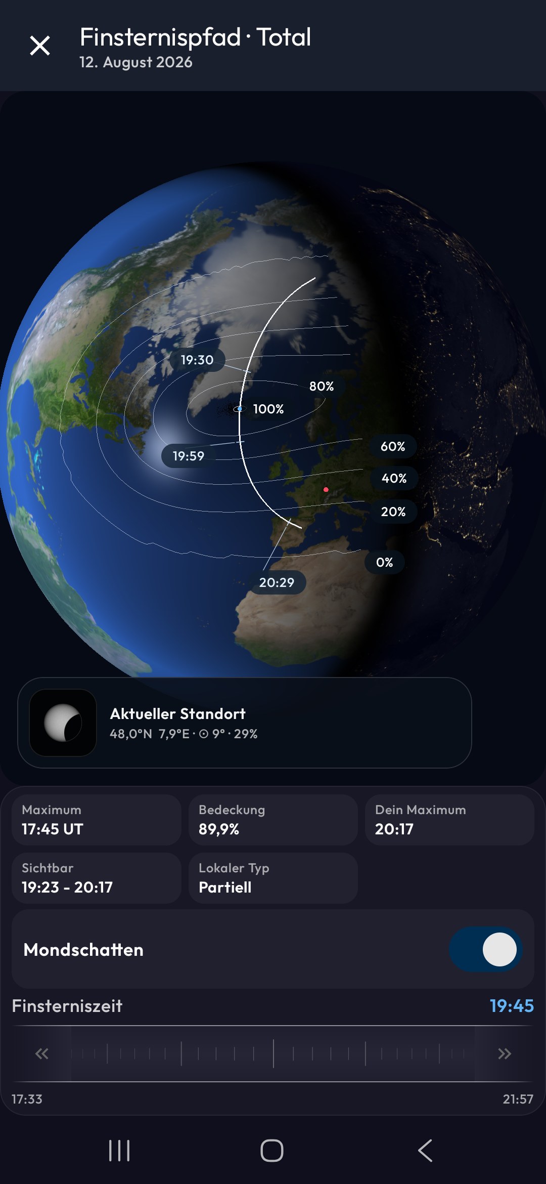 Pfadkarte der Sonnenfinsternis 2026 in Mobile Observatory