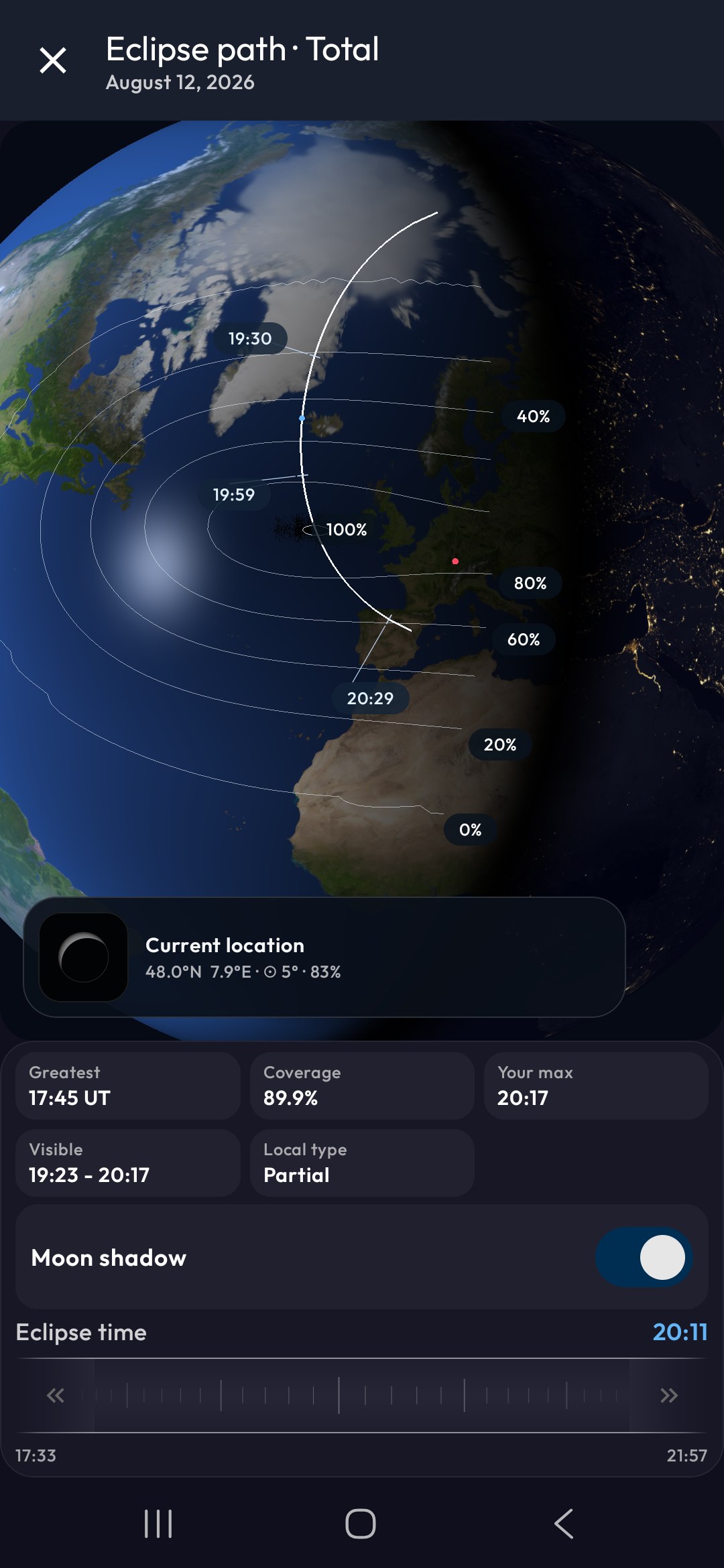 Carte de l'éclipse solaire 2026 dans Mobile Observatory