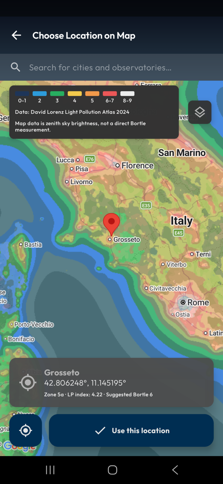 Light-pollution map for location selection