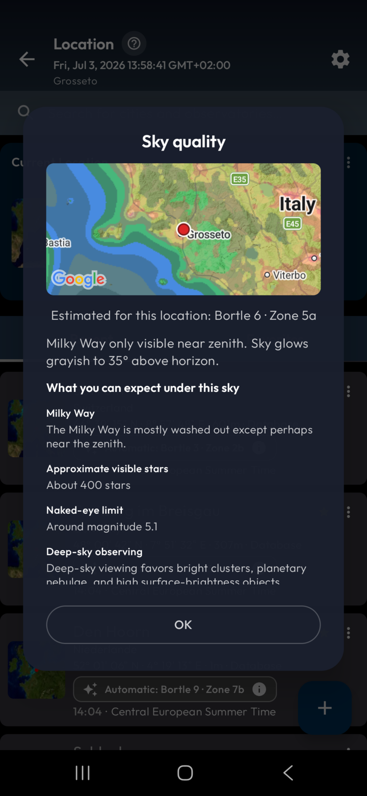 Sky quality details dialog