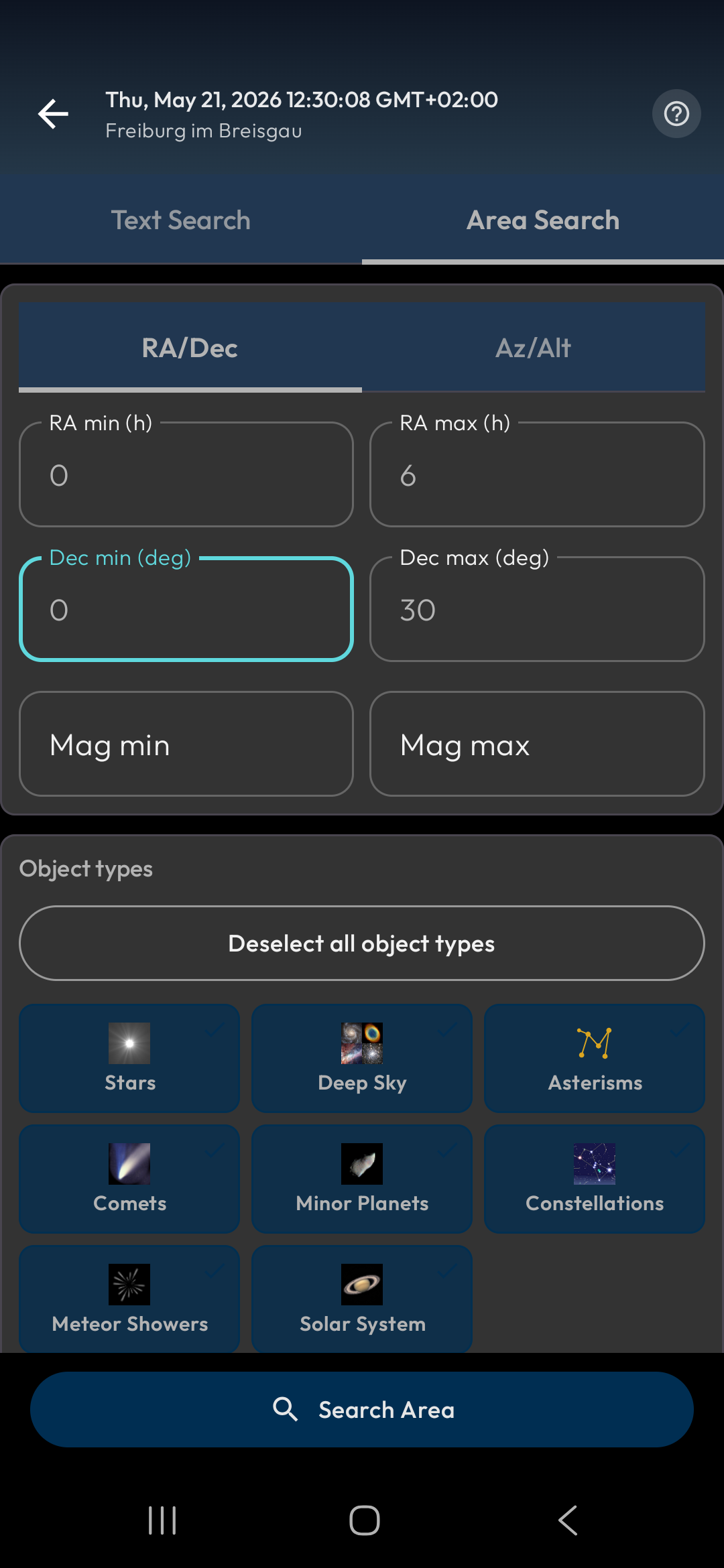 Sky area range search form
