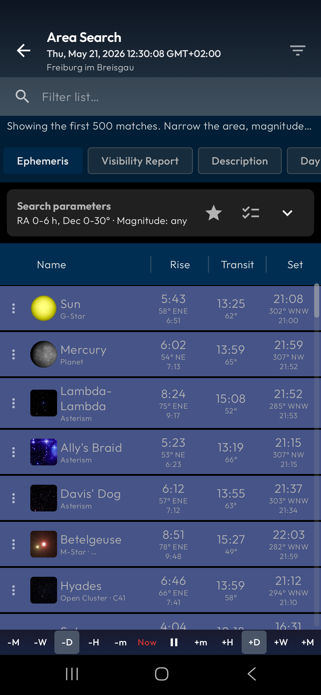 Visible-sky range search presets