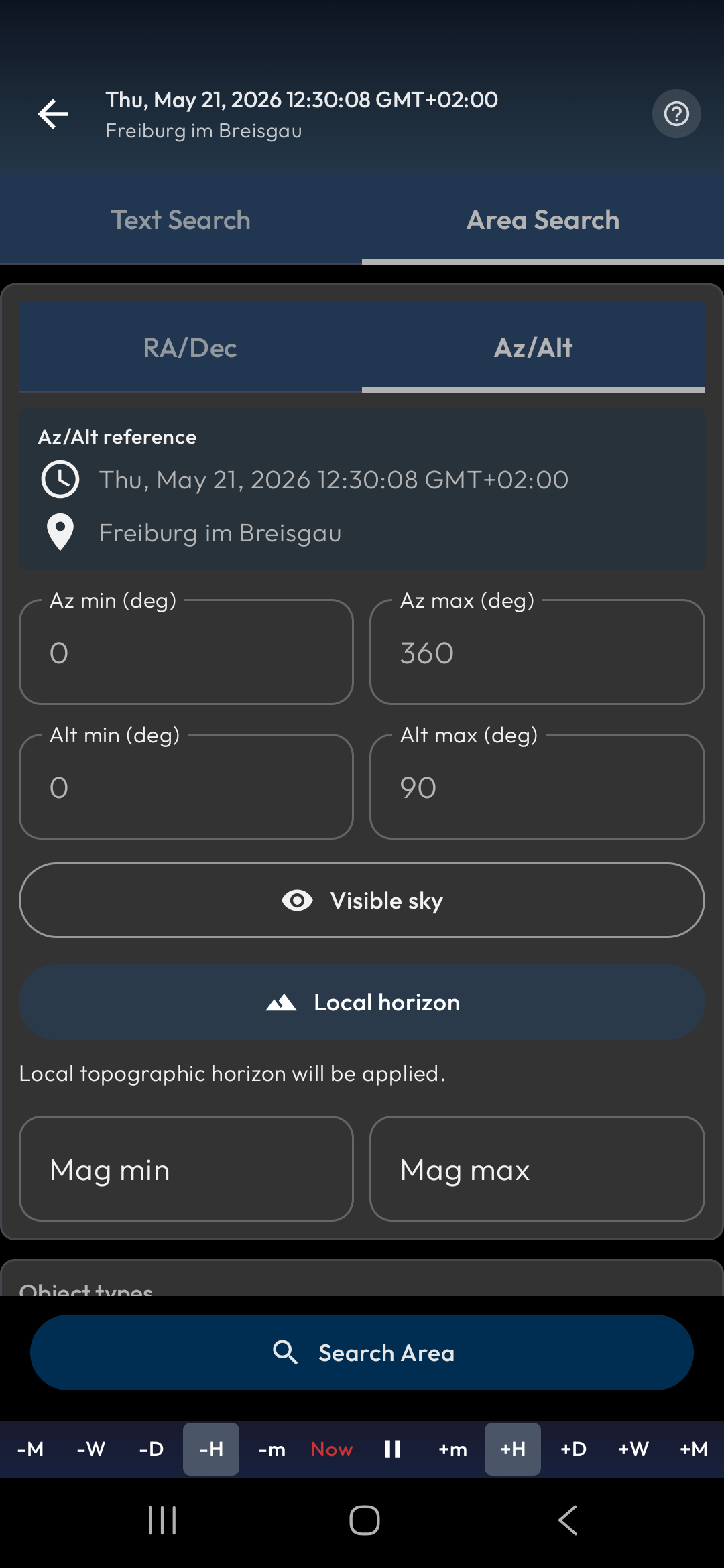 Sky area range search results